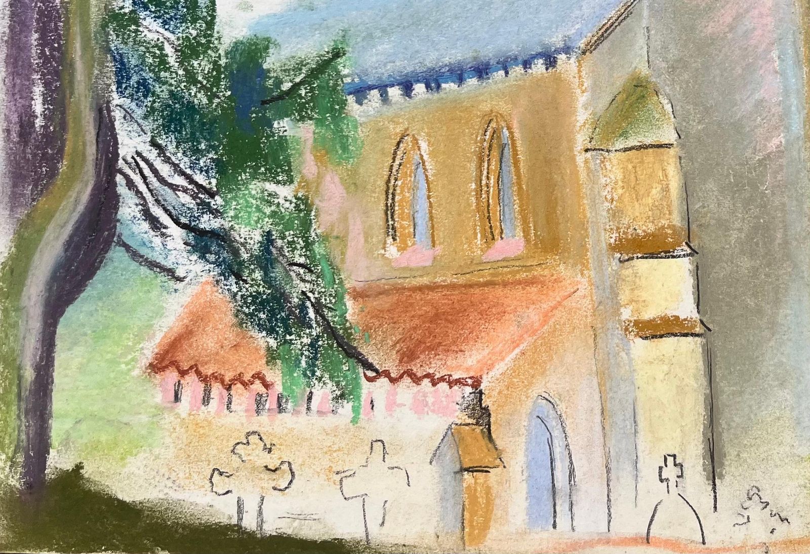 Anne Marie Migette Perardmid 20th Century Pastel Of St. Agathe Church In Loueygoun In France photo Art