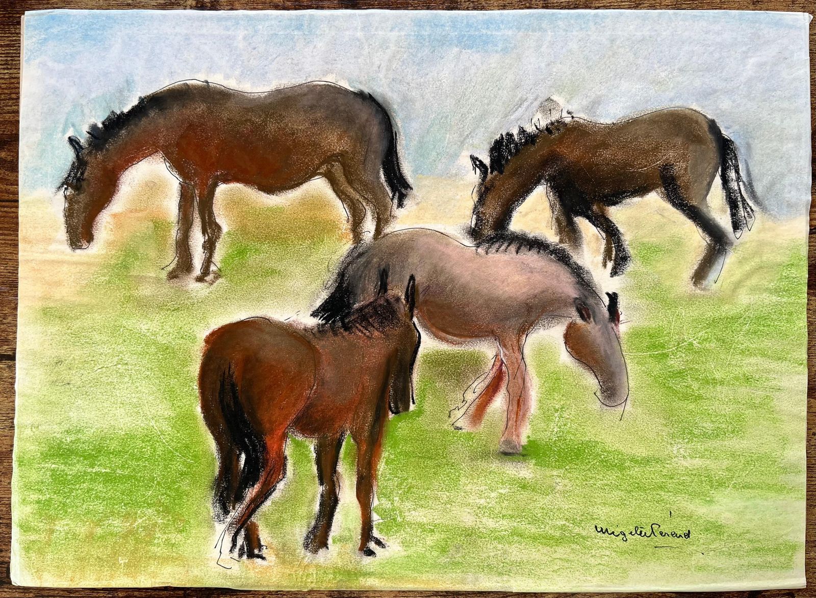 Anne Marie Migette Perardmid Century French Pastel Drawing Of Four Horses Grazing In A Meadow Landscape photo furniture