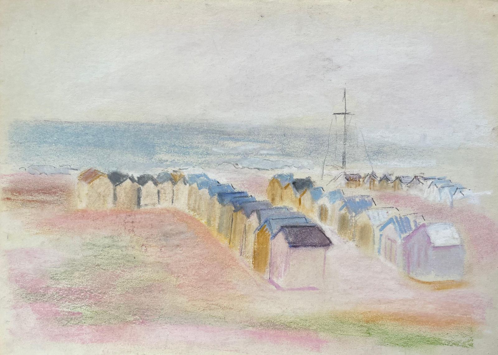 Anne Marie Migette Perardmid Century French Pastel Seaside Landscape With Beach Huts And Distant Mast
