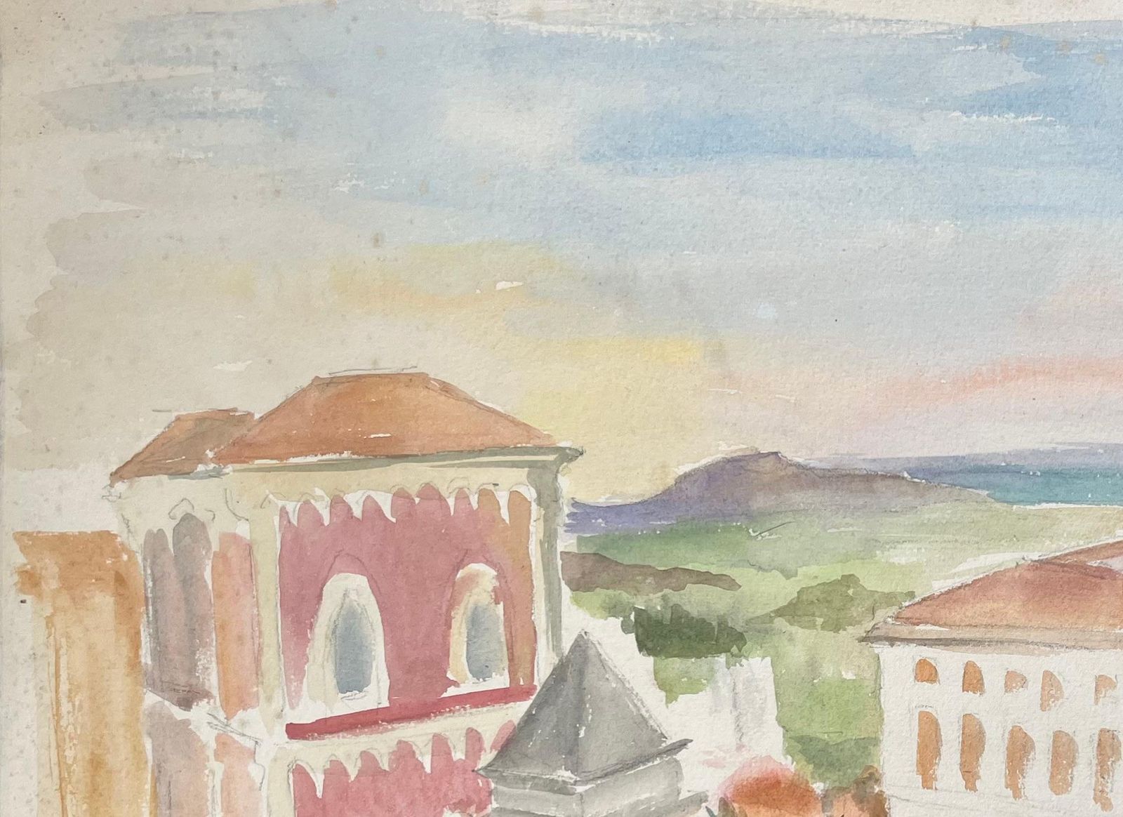 Anne Marie Migette Perardmid 20th Century Watercolour Of Coastal Architecture And Sea View In Agrigento photo for sale