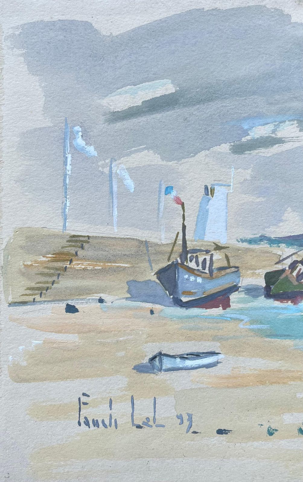 Fanch Lelfrench Coastal Gouache Of Fishing Boats On Shoreline Under An Overcast Sky1993