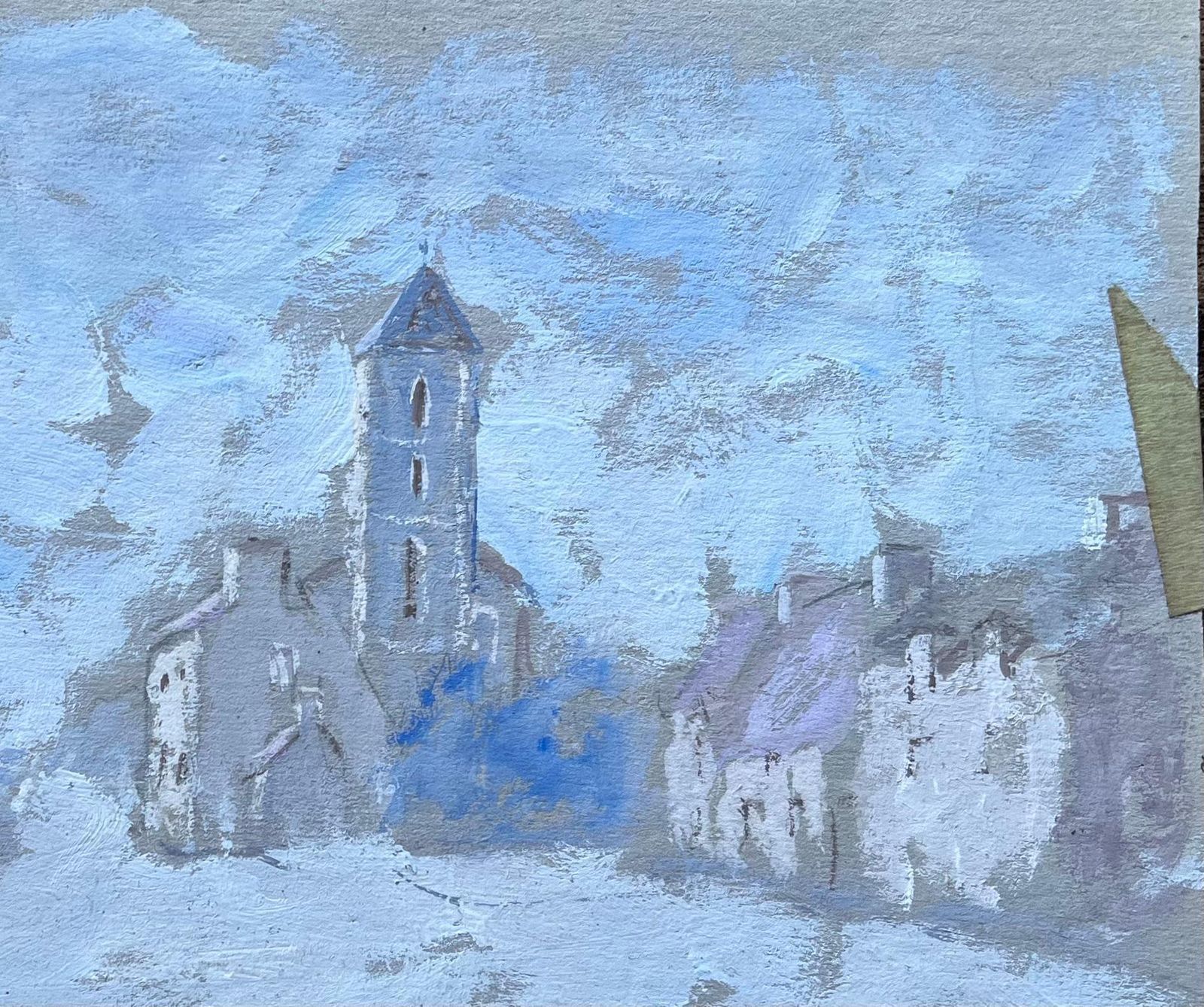 Fanch Lelfrench Gouache Painting Of Village Street And Church Tower In Pale Blue photo for sale