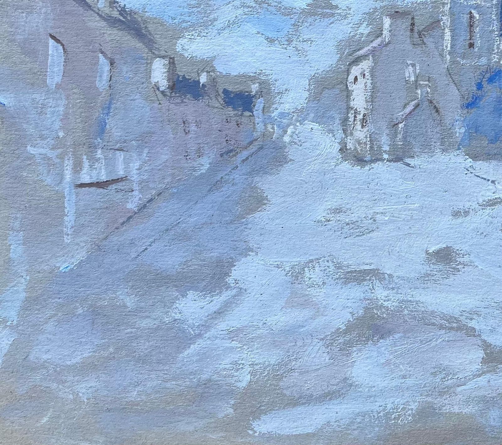 Fanch Lelfrench Gouache Painting Of Village Street And Church Tower In Pale Blue photo vinterior