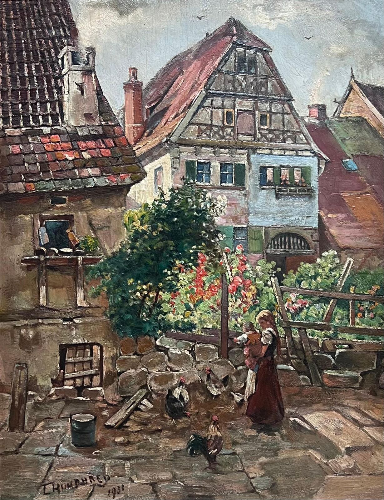 English 1930'scharming English Village Street Scene Young Mother & Child Chickens Cottages1930