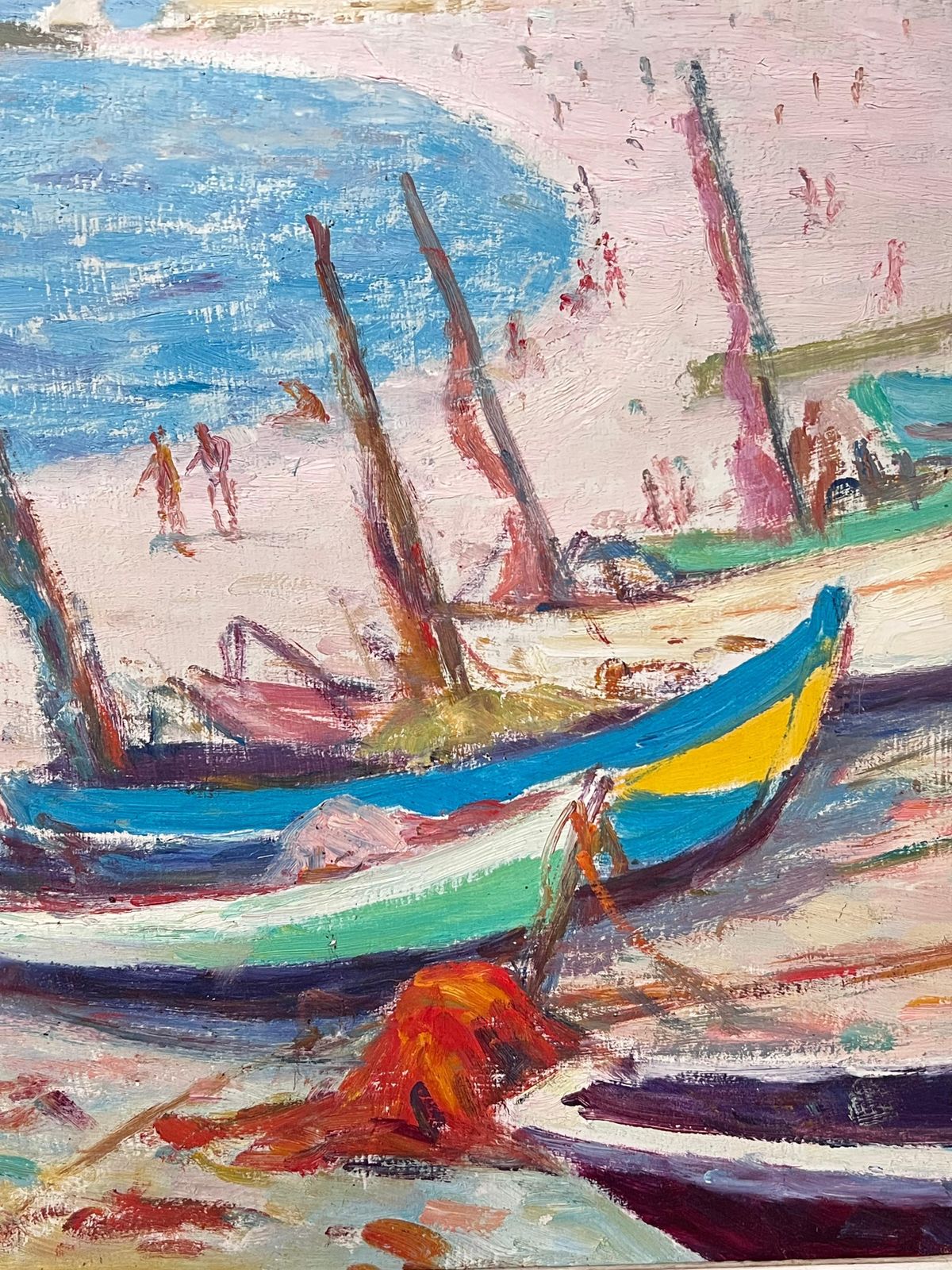 N. Hauvettemid Century French Signed Oil Boats Moored On White Cliff Beach Coastal Seascape1950 photo 1100.0