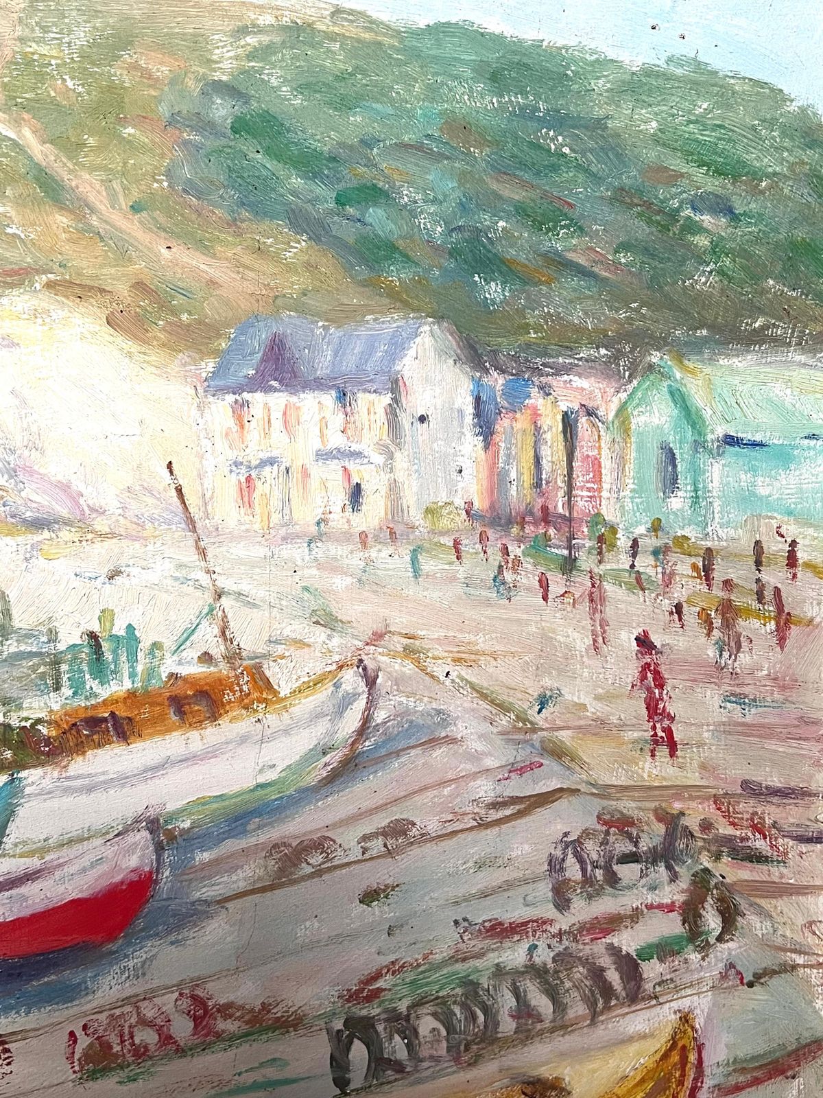 N. Hauvettemid Century French Signed Oil Boats Moored On White Cliff Beach Coastal Seascape1950 photo vintage
