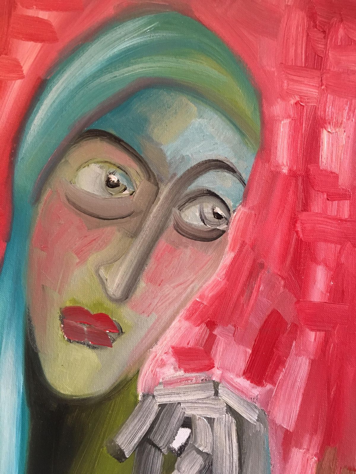 Beatrice Werliestriking Portrait, Cubist Abstract, Red Colour, Original Oil Paintingc.2000 photo for sale