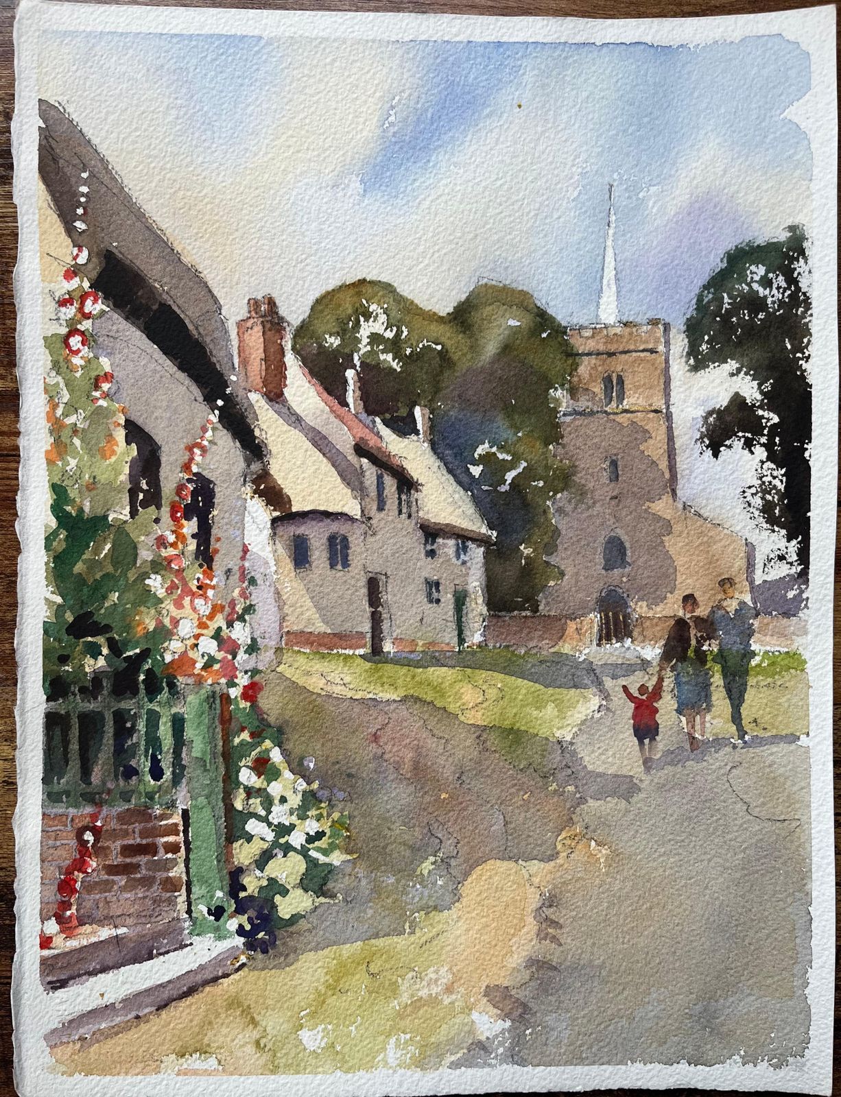 Anthony Averybritish Impressionist Watercolor Of Figures Walking Up Village Pathway To Church photo furniture
