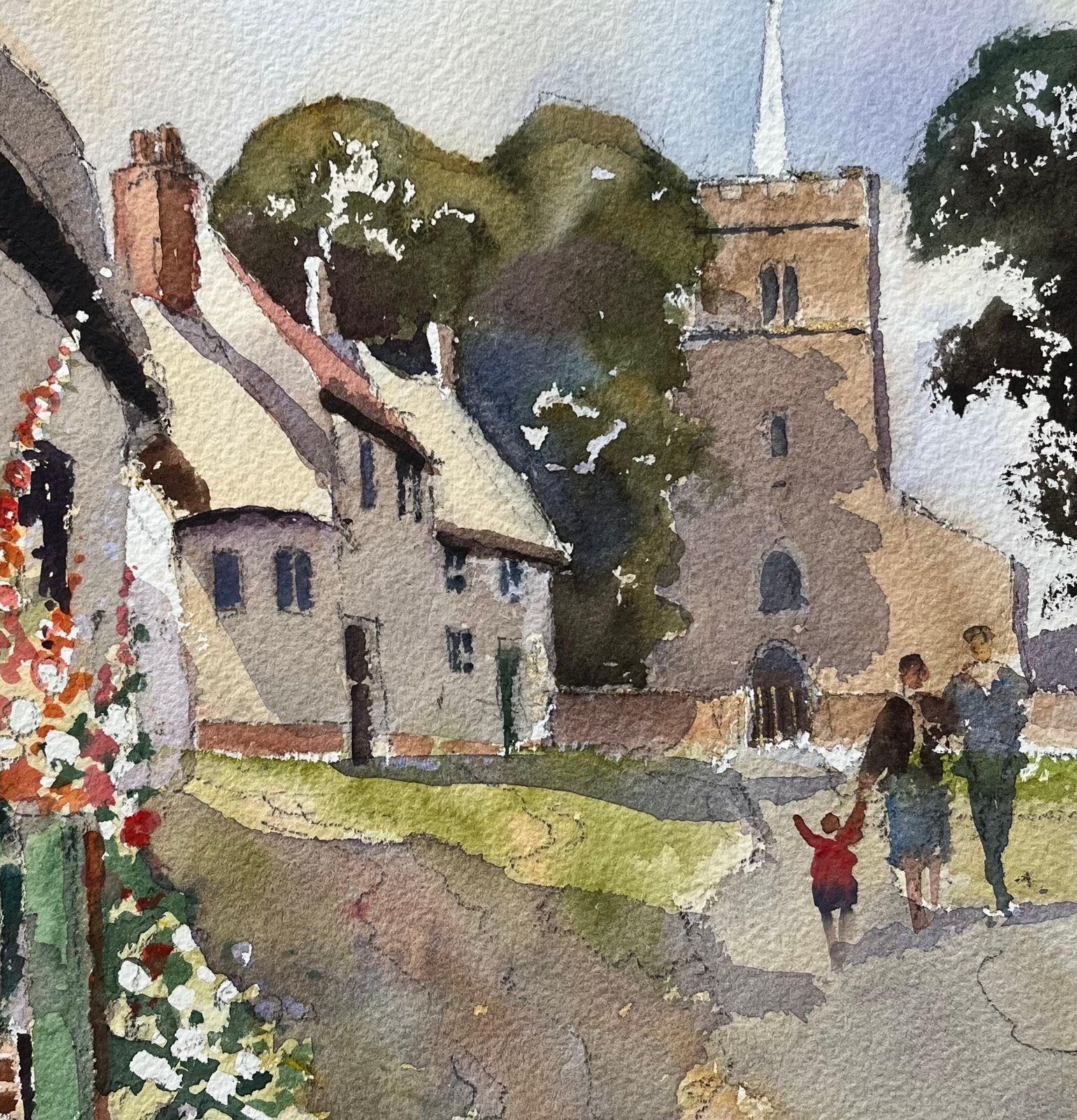 Anthony Averybritish Impressionist Watercolor Of Figures Walking Up Village Pathway To Church photo buy