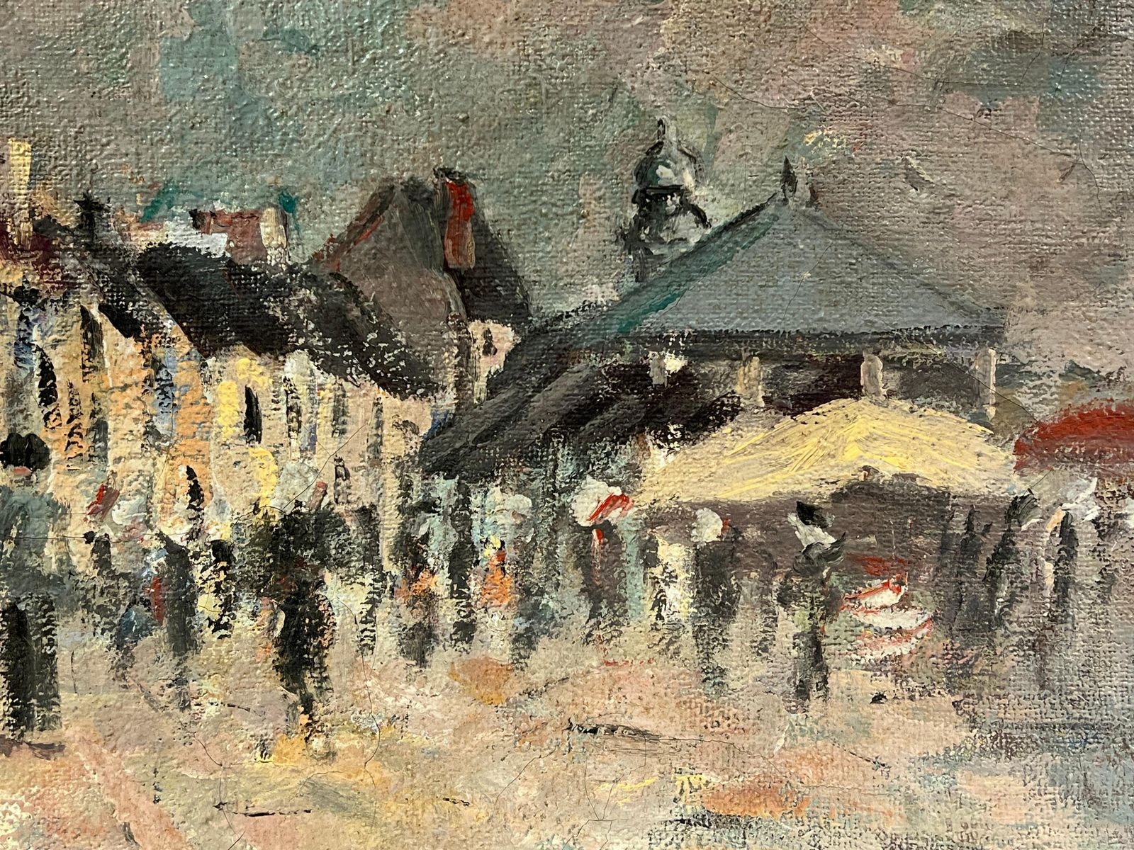 Fanch Lelfrench Impressionist Village Square Market Day With Bustling Figures photo for sale