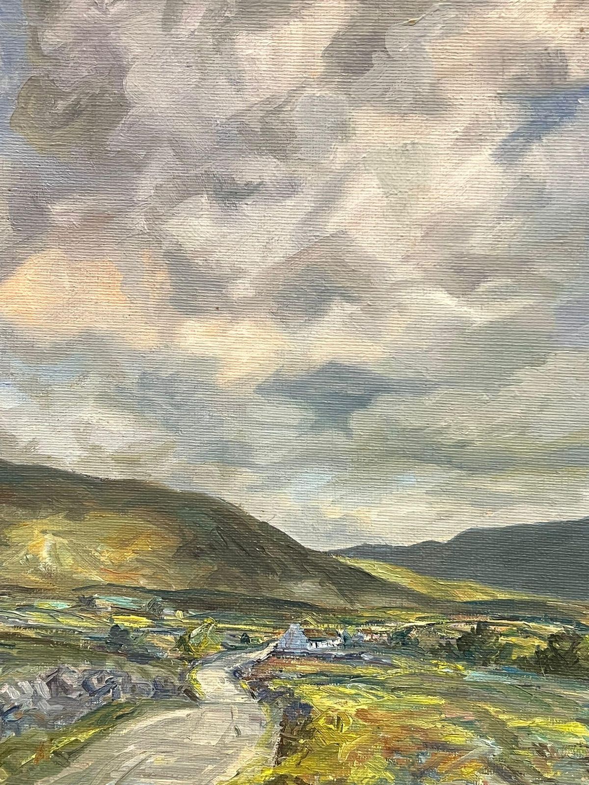 Irish Artistvintage Irish Oil Painting Winding Stream & Rolling Green Hills Under Cloudy Sky photo vinterior