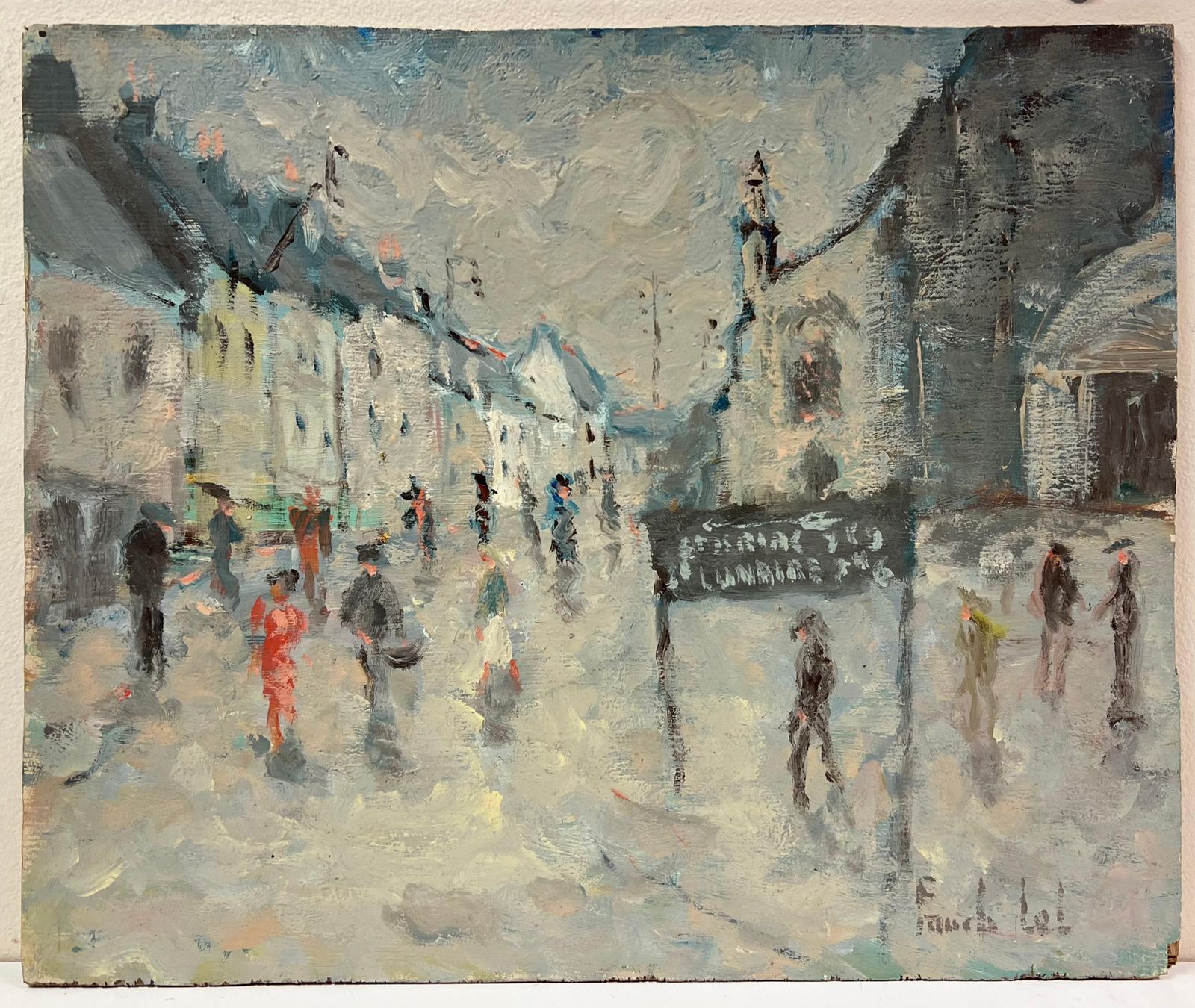 Fanch Lelfrench Impressionist Grey Rainy Day In A Bustling Village Street Oil Painting photo furniture