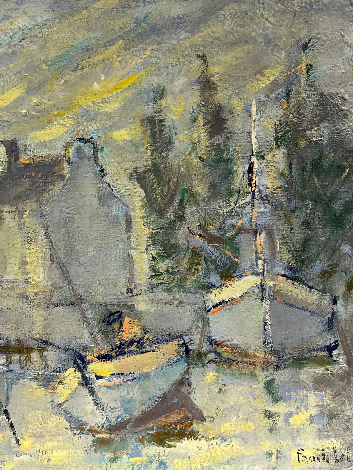 Fanch Lelfrench Impressionist Grey Boats At Harbor At Dusk With Peering Sun Landscape photo for sale