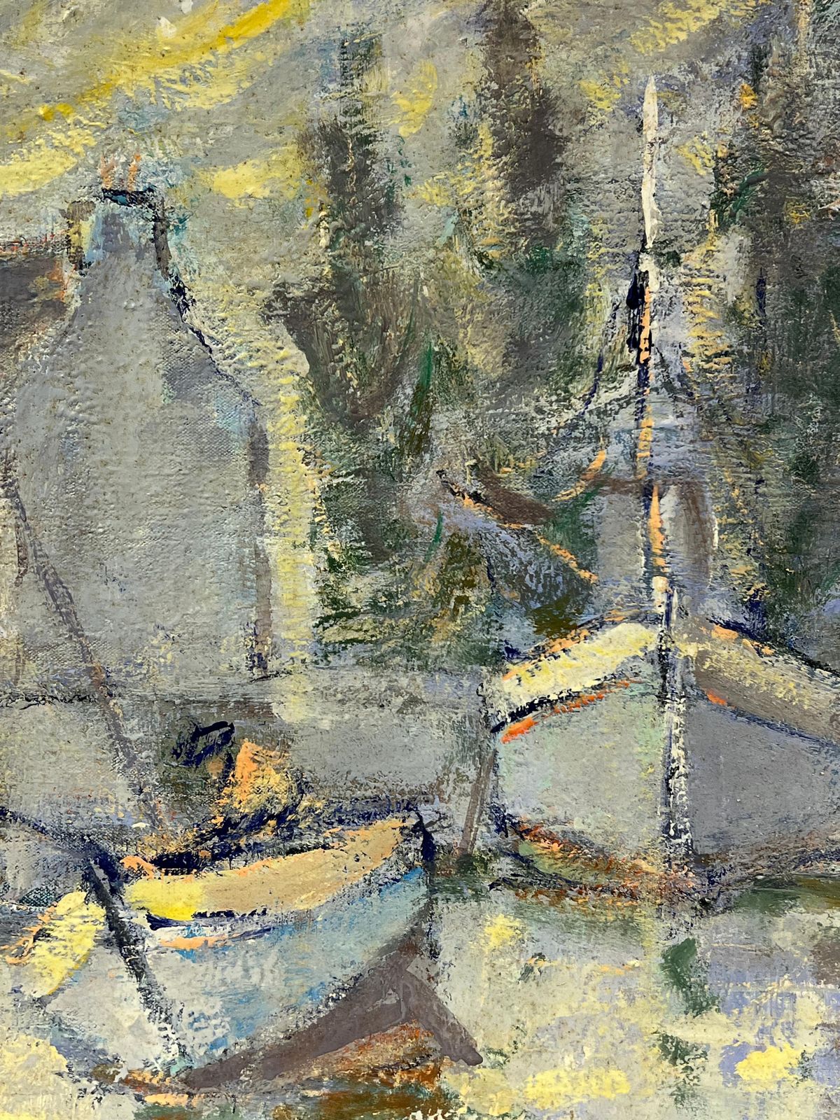Fanch Lelfrench Impressionist Grey Boats At Harbor At Dusk With Peering Sun Landscape photo vinterior