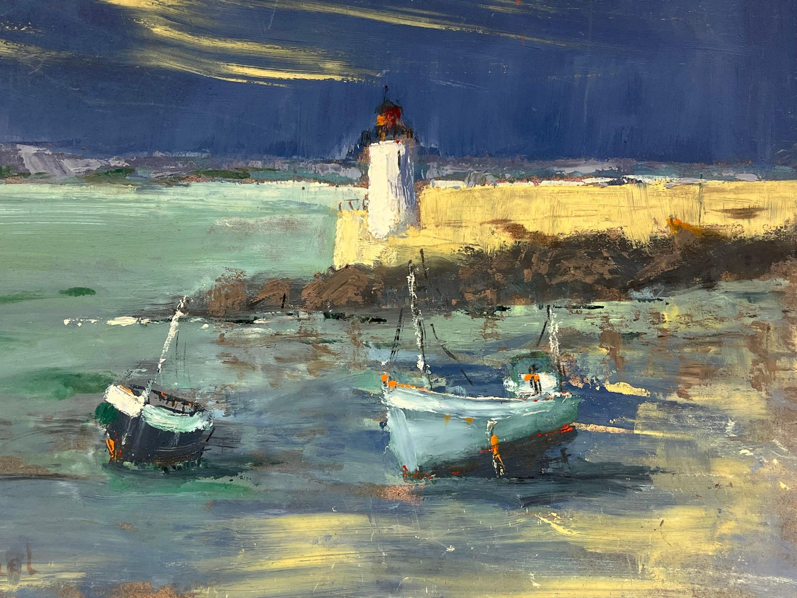 Fanch Lelfrench Impressionist Stormy Evening At The Lighthouse Starry Night Sky photo for sale