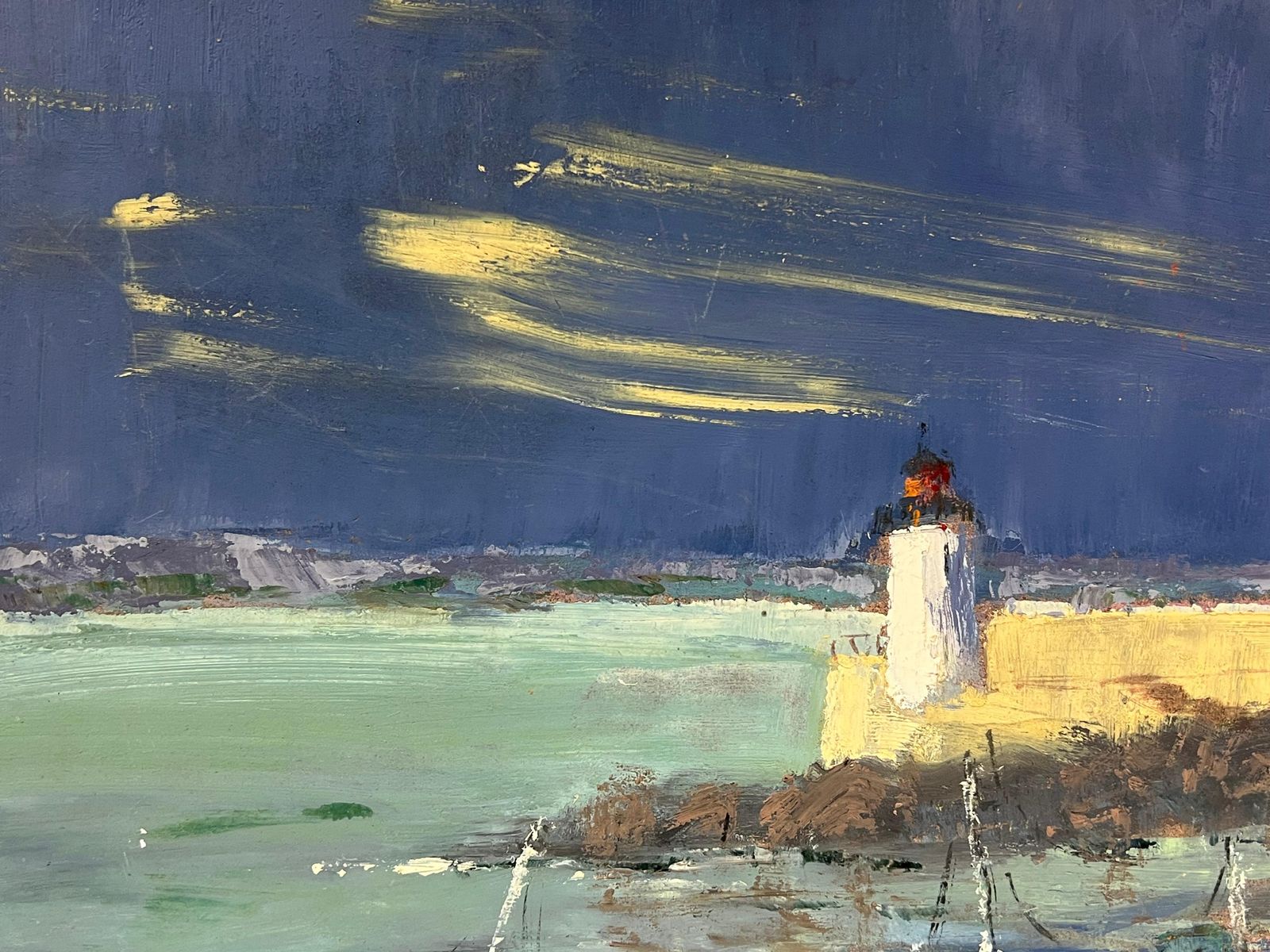 Fanch Lelfrench Impressionist Stormy Evening At The Lighthouse Starry Night Sky photo Art