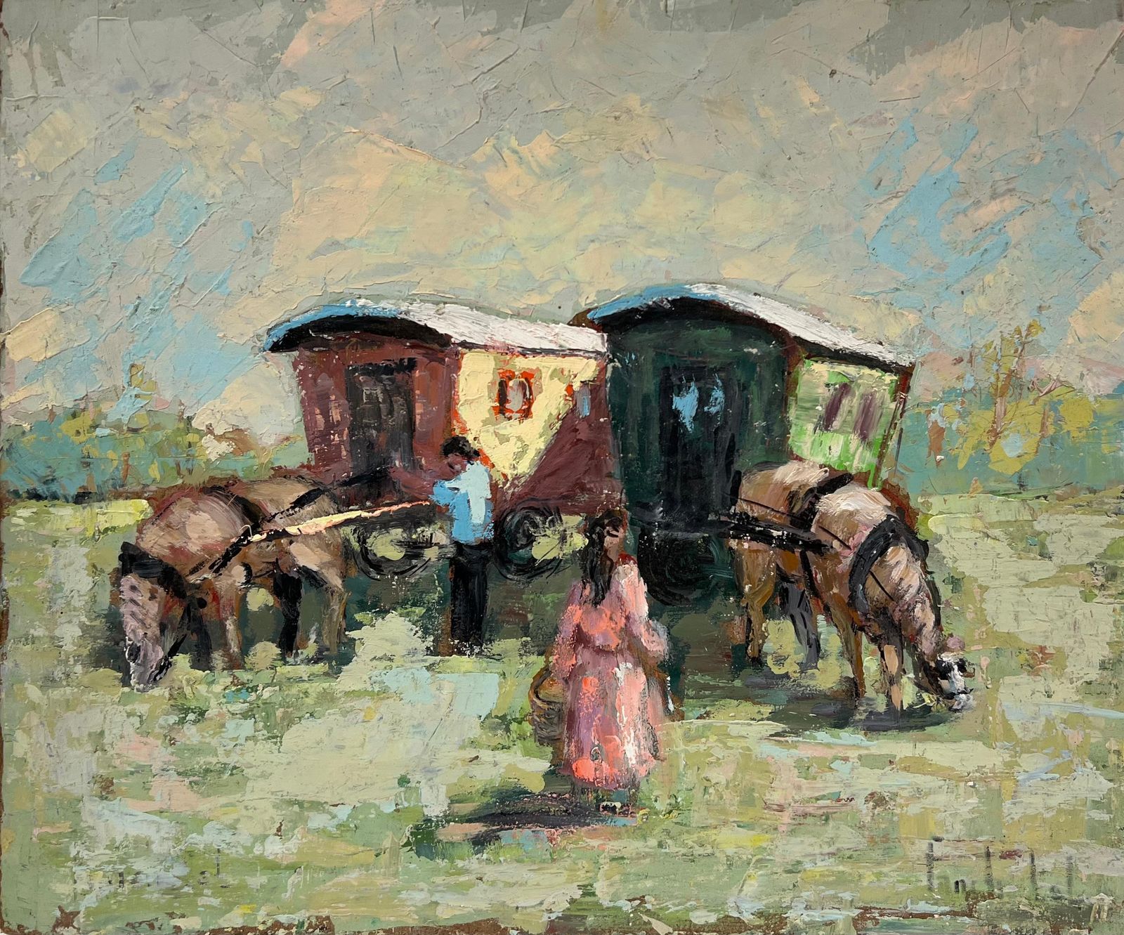 Fanch Lelfrench Impressionist Scene Of Horse Drawn Caravans And Travelers
