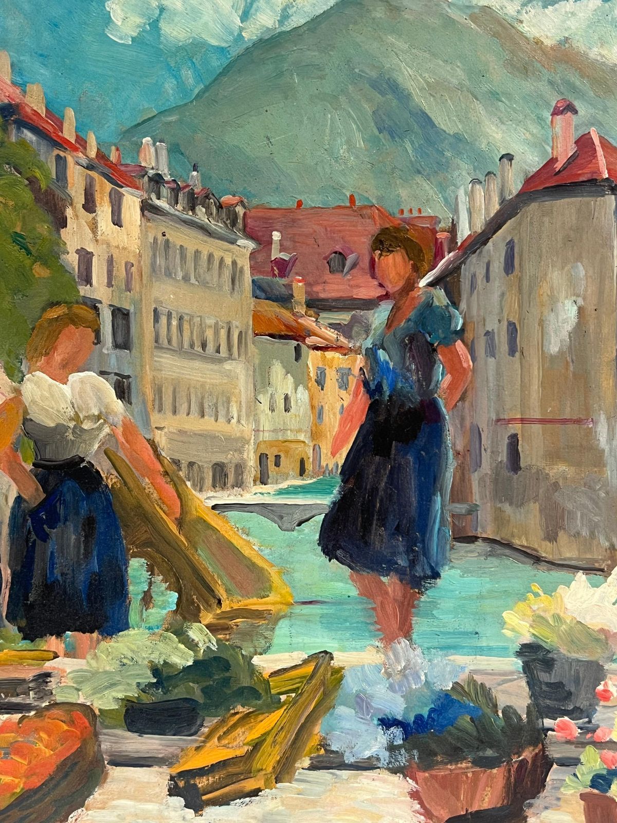 Regine David1940's French Oil Painting Figures South Of France Busy Market Scene photo buy