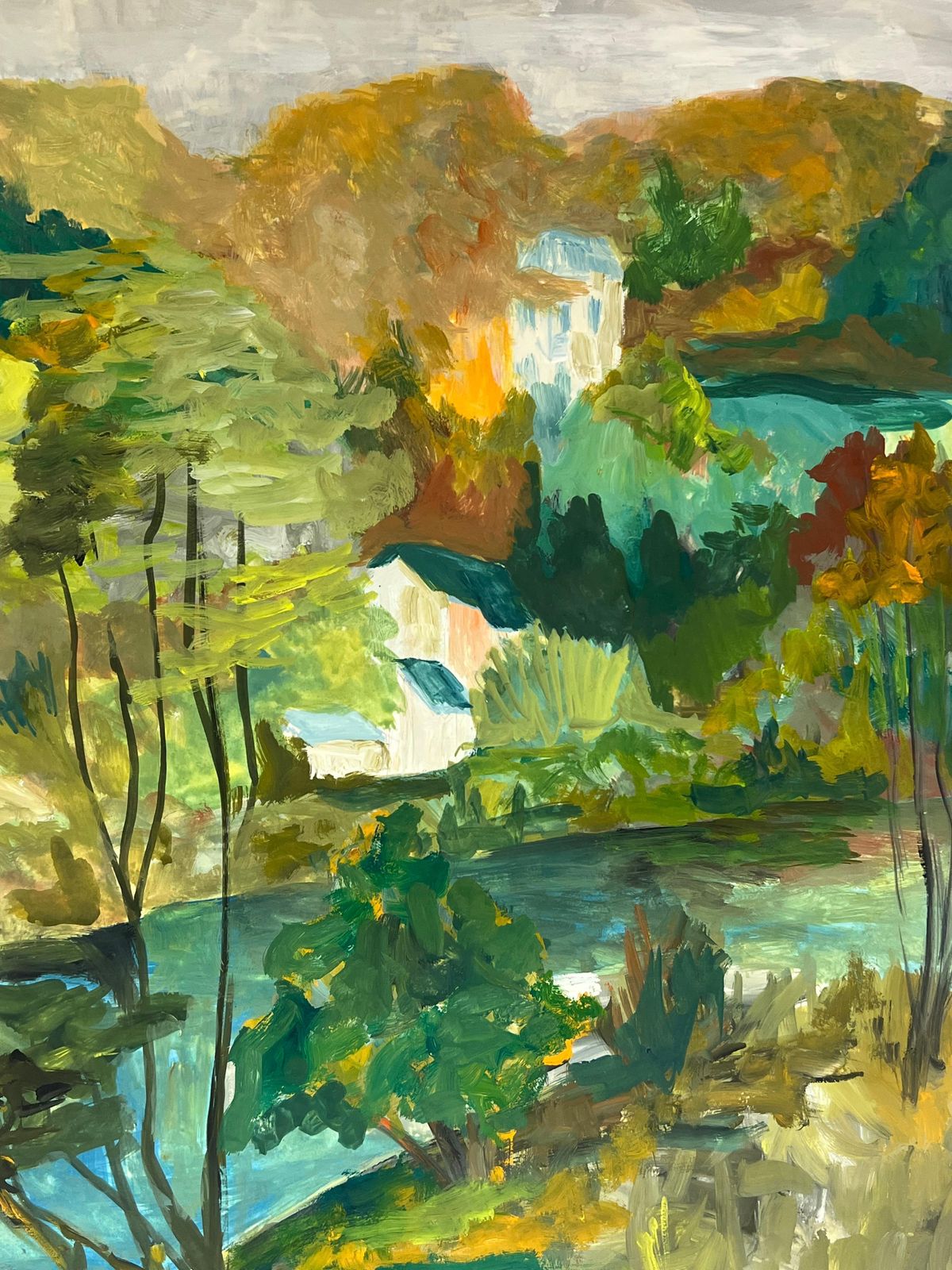 Bernard Labbe1950's Nestled Houses In Autumnal Riverside Landscape French Oil Landscape1950's photo for sale