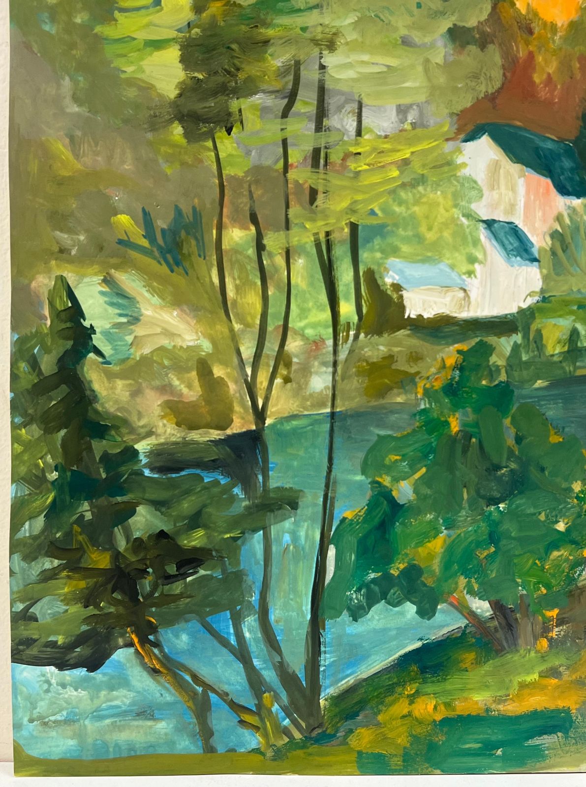 Bernard Labbe1950's Nestled Houses In Autumnal Riverside Landscape French Oil Landscape1950's photo vinterior