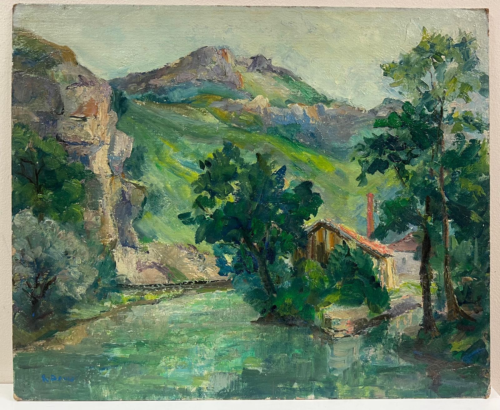 Regine David1930's French Green Lush River Landscape Gorge Valley Signed Oil Painting photo furniture