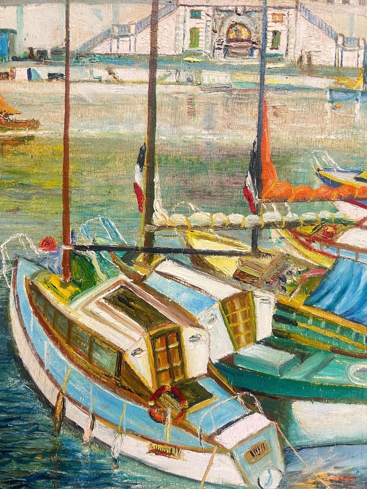 French Schoolvintage Mid 20th Century French Oil Painting Nice Old Port Harbor Busy Scene photo vintage