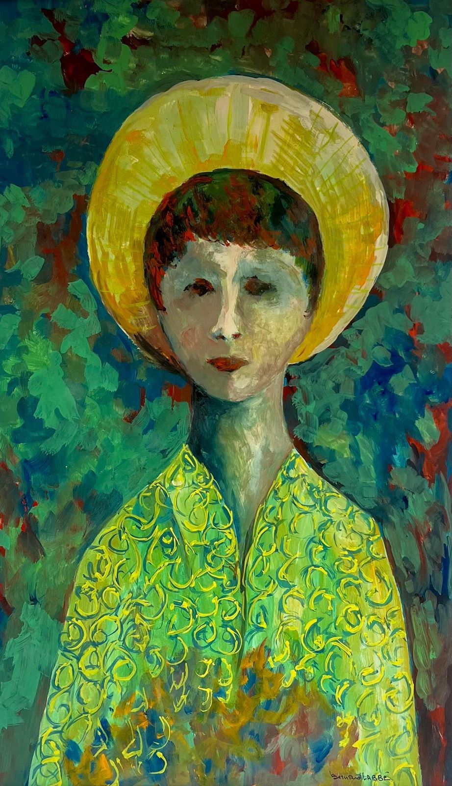 Bernard Labbe1950's Symbolist Portrait Young Figure In Exotic Green Cloak1950's photo for sale