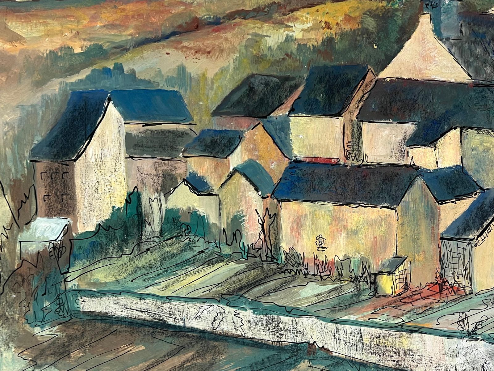 Bernard Labbe1950's French Enclosed Village With Central Steeple Oil Landscape1950's photo vinterior