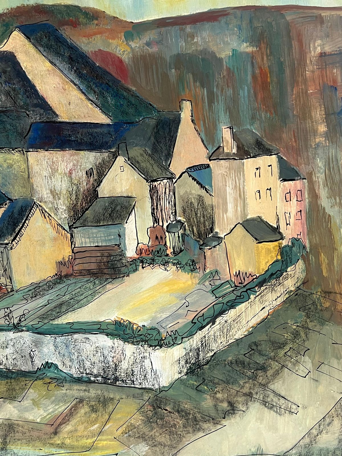 Bernard Labbe1950's French Enclosed Village With Central Steeple Oil Landscape1950's photo vintage