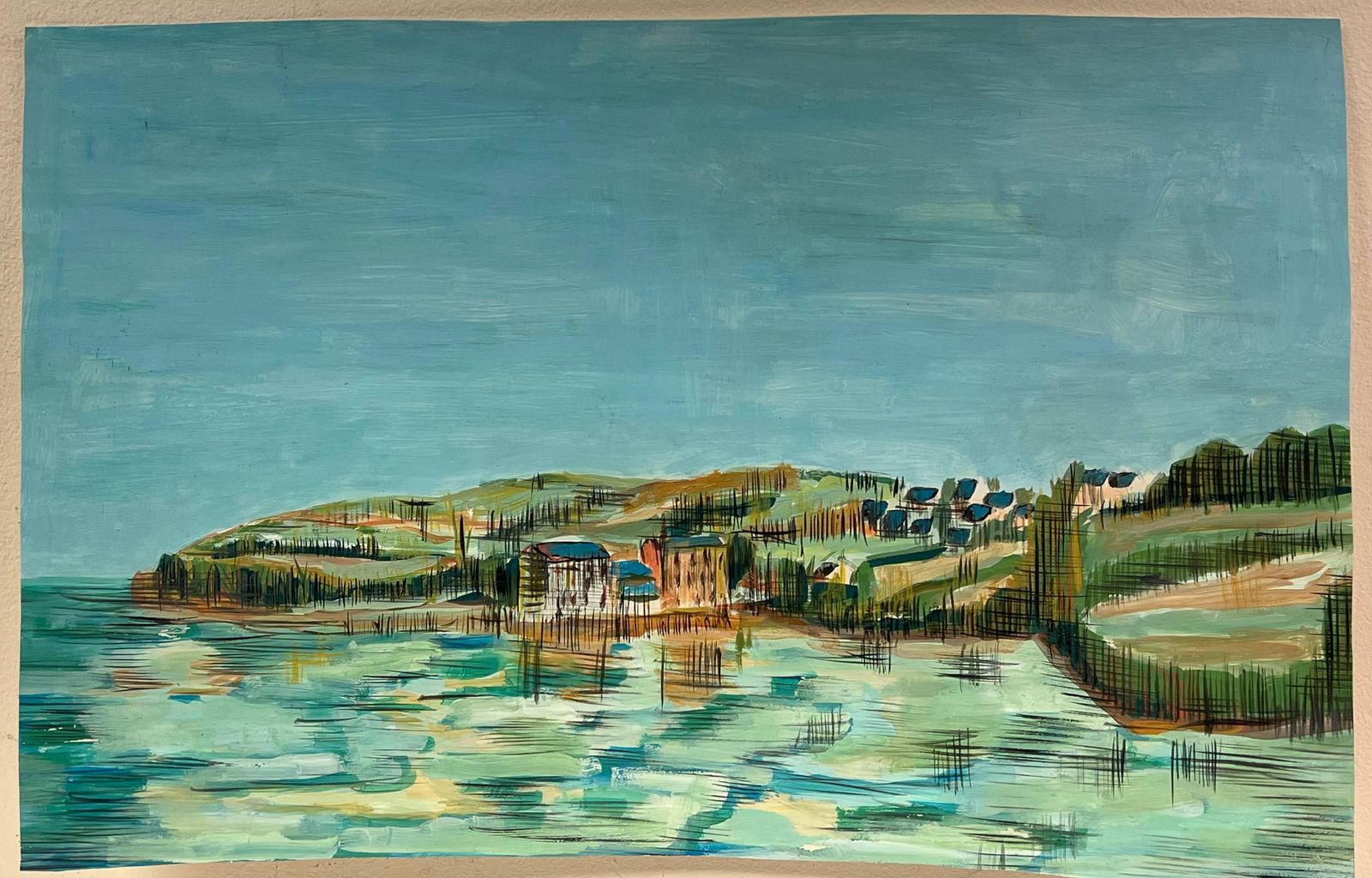 Bernard Labbe1950's Summer Blue Coastal Village Reflection French Landscape1950's photo furniture