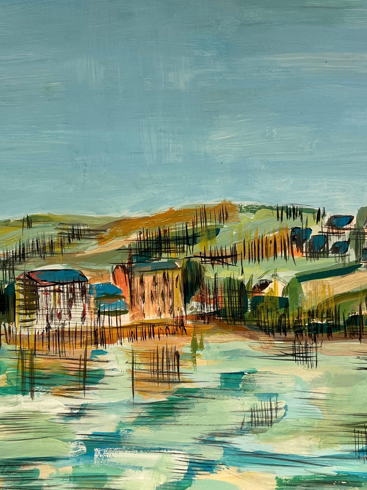 Bernard Labbe1950's Summer Blue Coastal Village Reflection French Landscape1950's photo for sale