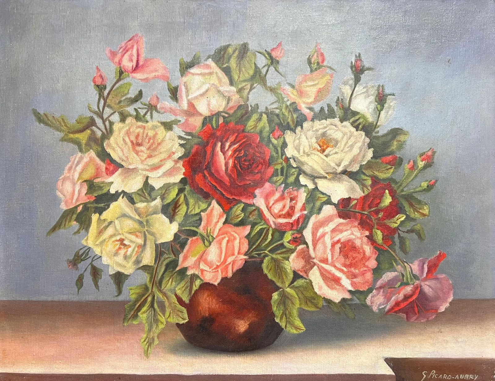 G. Picard Aubry1940's French Floral Still Life Pink Red Roses In Brown Vase Oil Painting1940''S