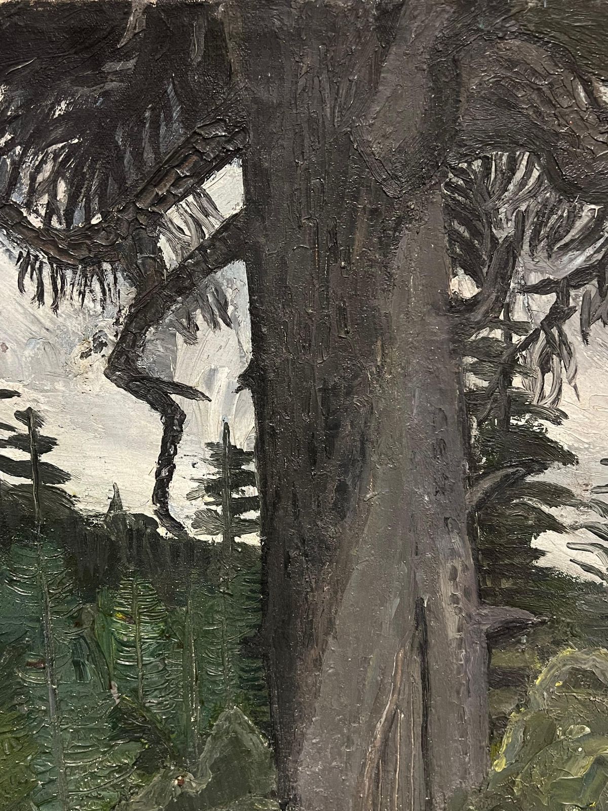 French School1940s French Moody Grey Green Forest Landscape French Expressionist Oil Painting1940's photo for sale