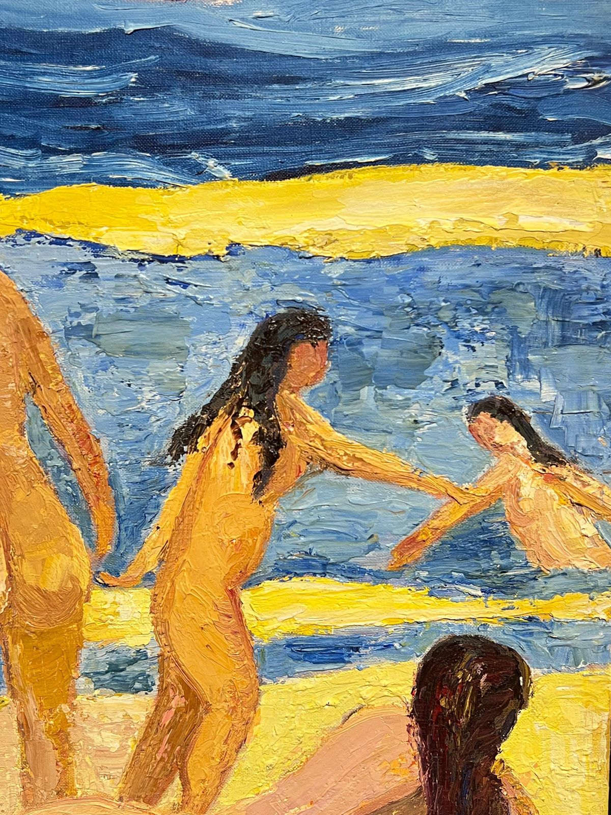 French Schoolfrench Post Impressionist Vibrant Large Oil Painting Nude Bathers On The Beach1970's photo 1280.0