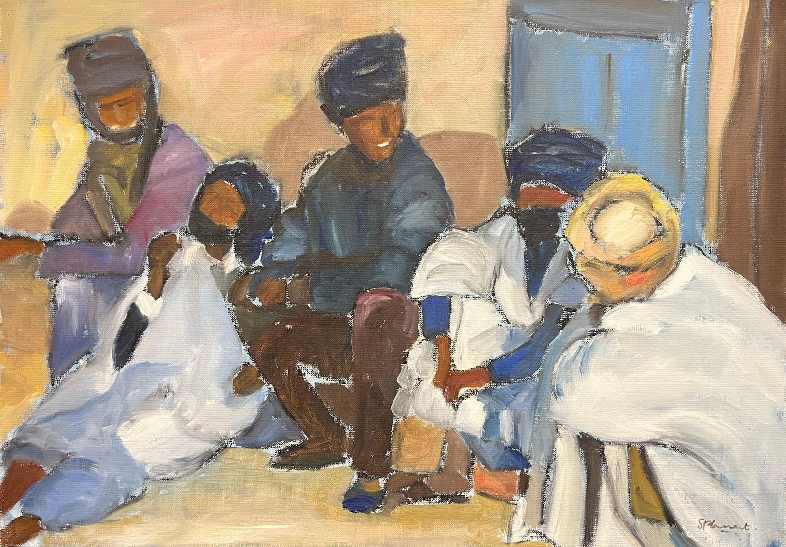 French Schoolmodern French Signed Oil Men Chatting Mauritania Ouadane Street Scene2000