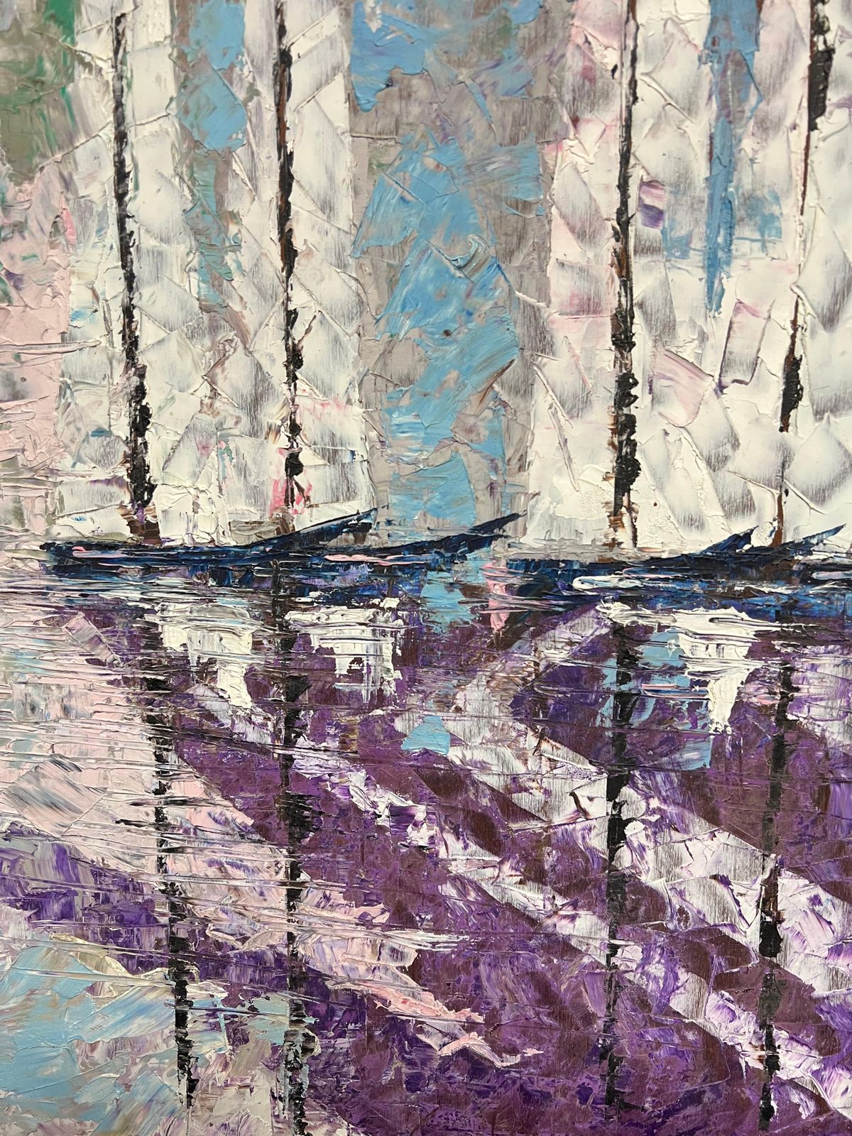 French Cubist 1950'slarge Mid 20th Century French Cubist Oil Painting Sailboats In Abstract Harmony1950's photo buy