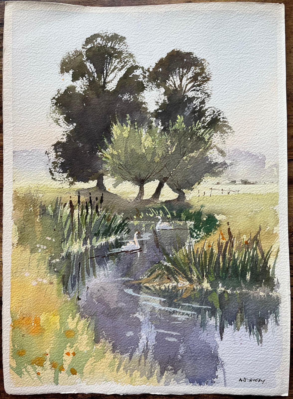 Anthony Averybritish Impressionist Watercolor Of A Idyllic Riverside Scene With Swans photo furniture