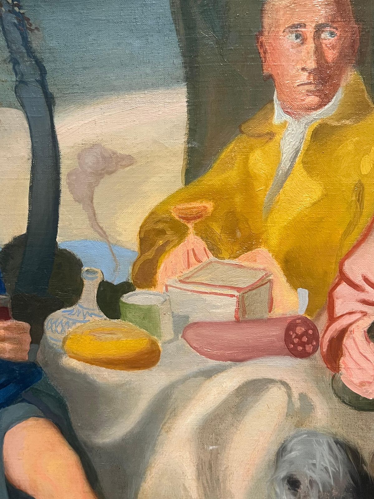 Pierre Georgeotlarge Mid Century French Oil Three Figures Seated Picnic Conversation photo vintage