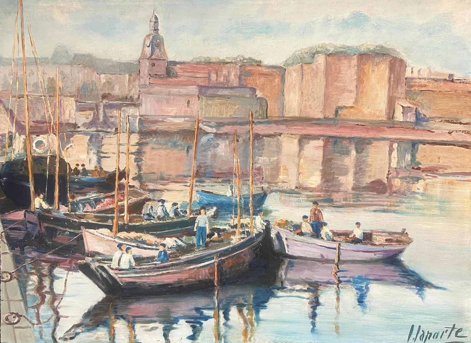 French Schoollarge Mid Century French Impressionist Signed Oil Painting Busy Fishing Harbor1950's