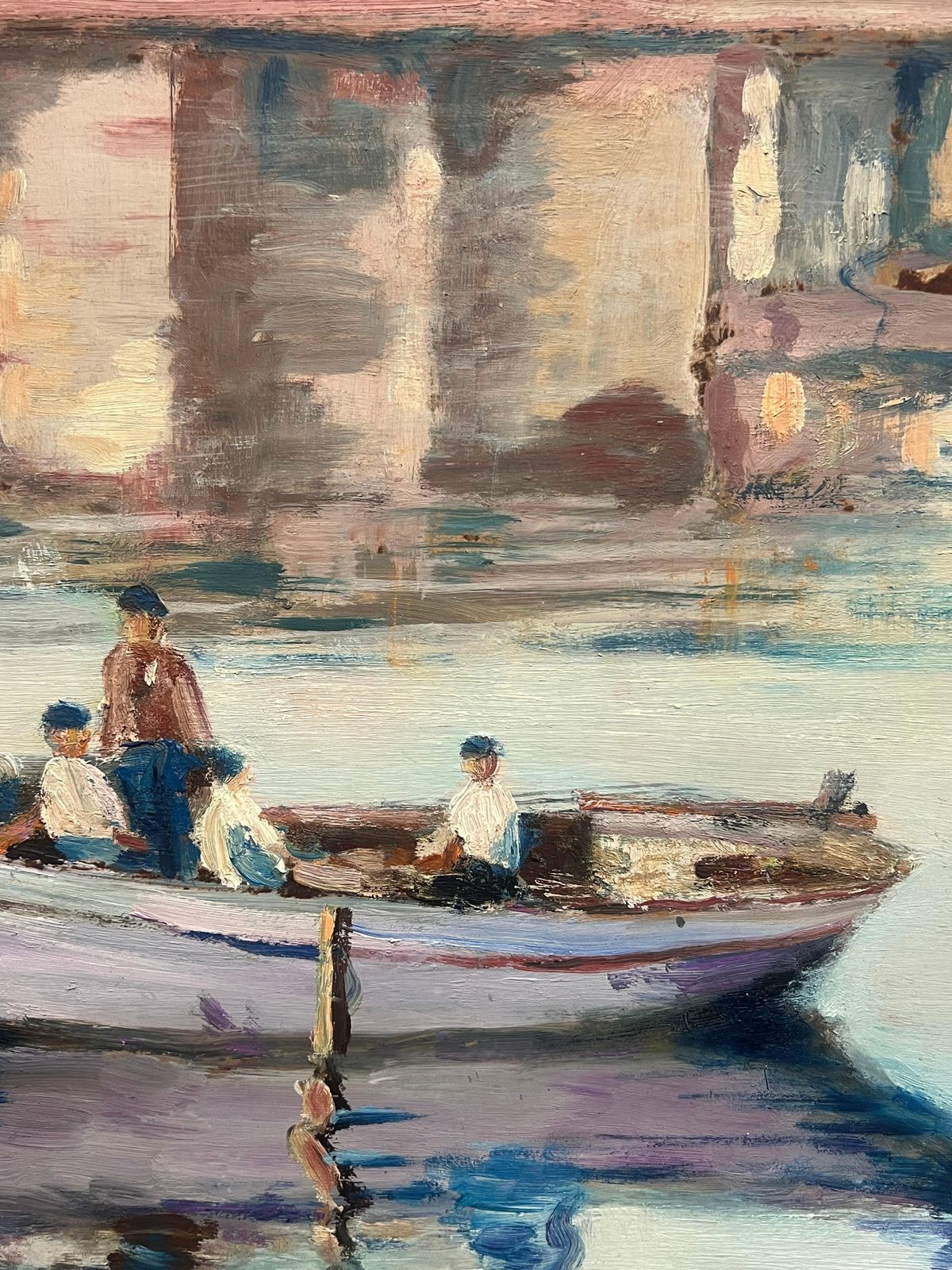 French Schoollarge Mid Century French Impressionist Signed Oil Painting Busy Fishing Harbor1950's photo vintage