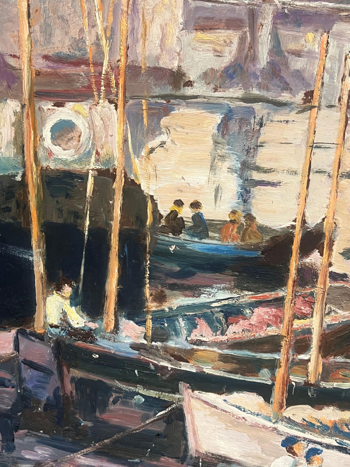 901.0 French Schoollarge Mid Century French Impressionist Signed Oil Painting Busy Fishing Harbor1950's photo