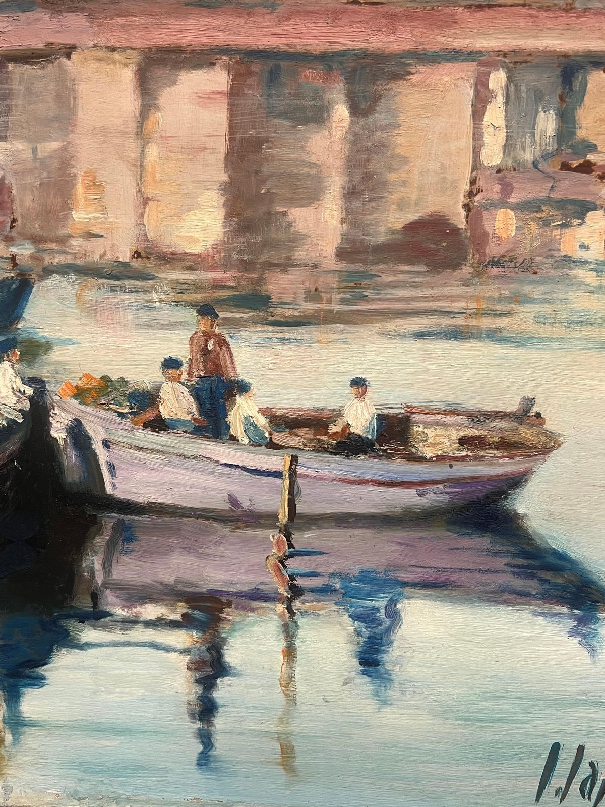 photo buy French Schoollarge Mid Century French Impressionist Signed Oil Painting Busy Fishing Harbor1950's
