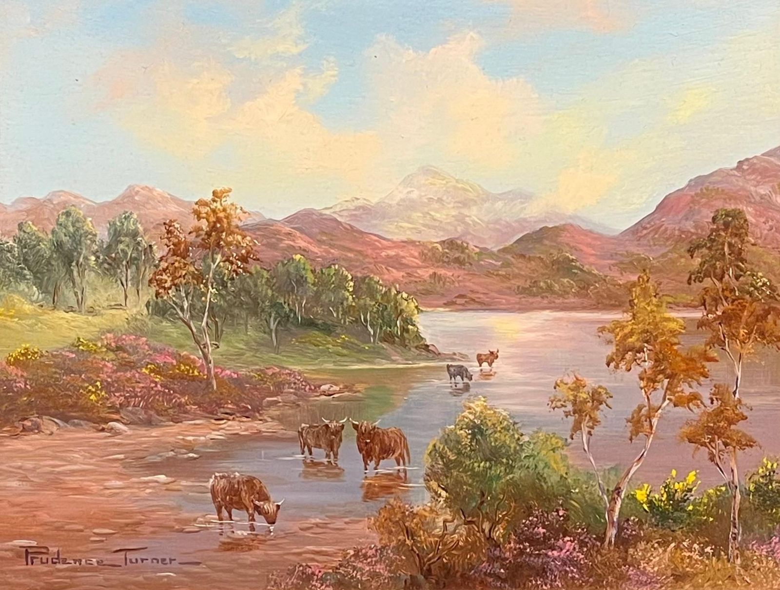 Prudence Turnerhighland Cattle Grazing Scotland Loch Rannoch Landscape Signed Oil Paintingc. 1970's photo furniture