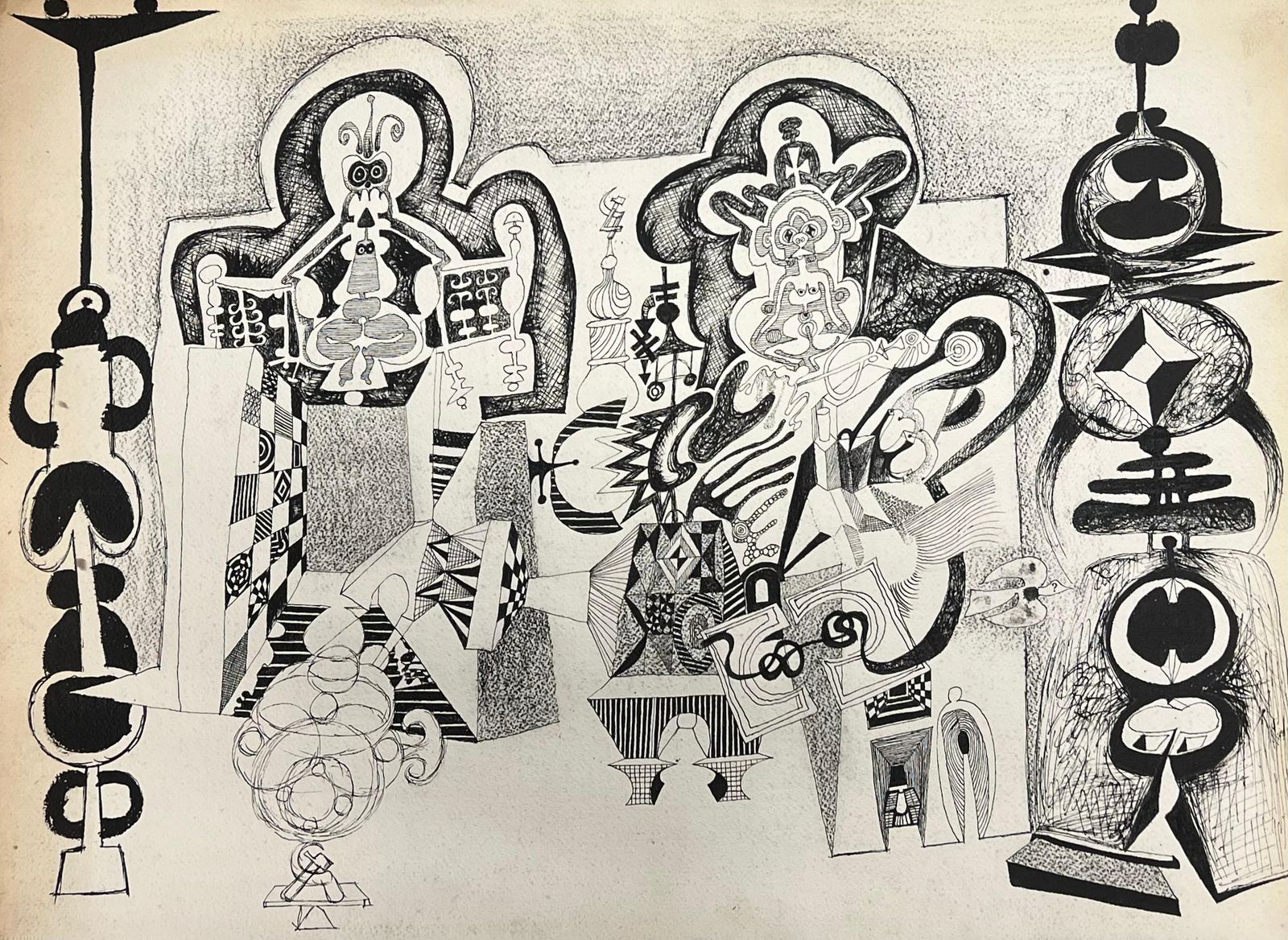 Claude Lagoucheoriginal 1970's French Abstract Surreal Landscape With Geometric Figuresc. 1970's