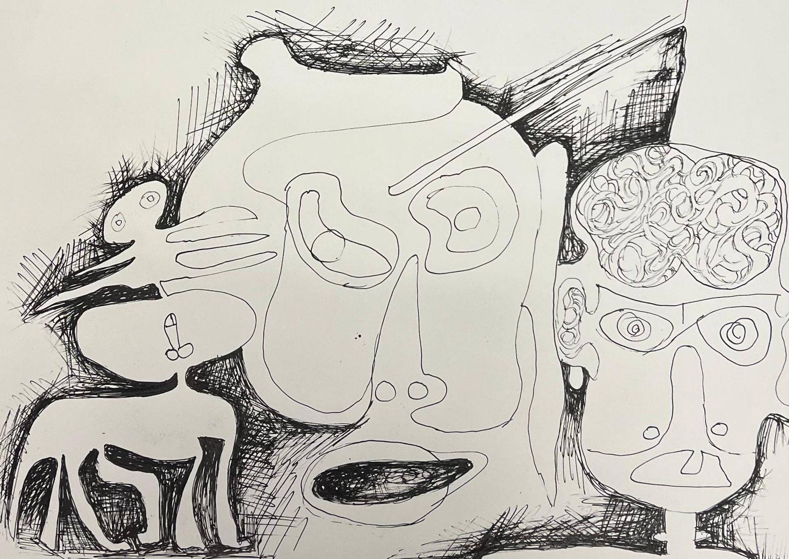 Claude Lagoucheoriginal 1970's French Line Drawing With Faces And Figuresc. 1970's