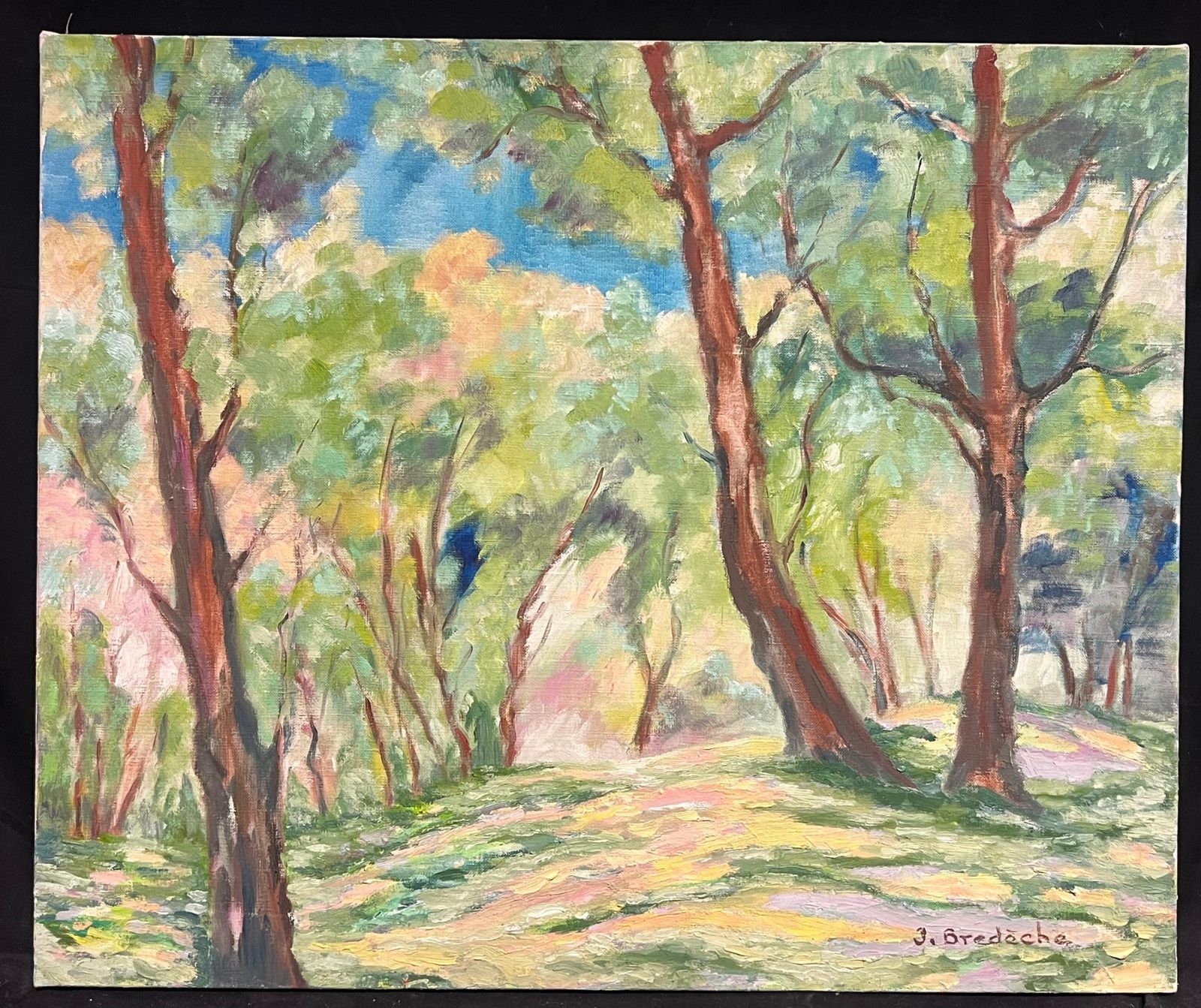 J.Bredechesunlit Woodland Landscape Large 1970's French Impressionist Oil Painting1970's photo furniture