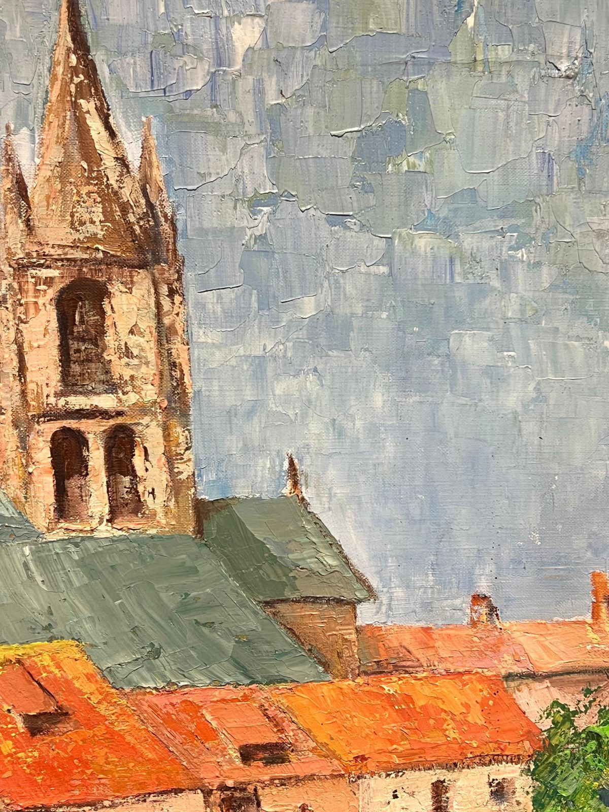 French Schoollarge French Post Impressionist Oil Painting Town & Church Landscape, 1970's1970's photo 690.0