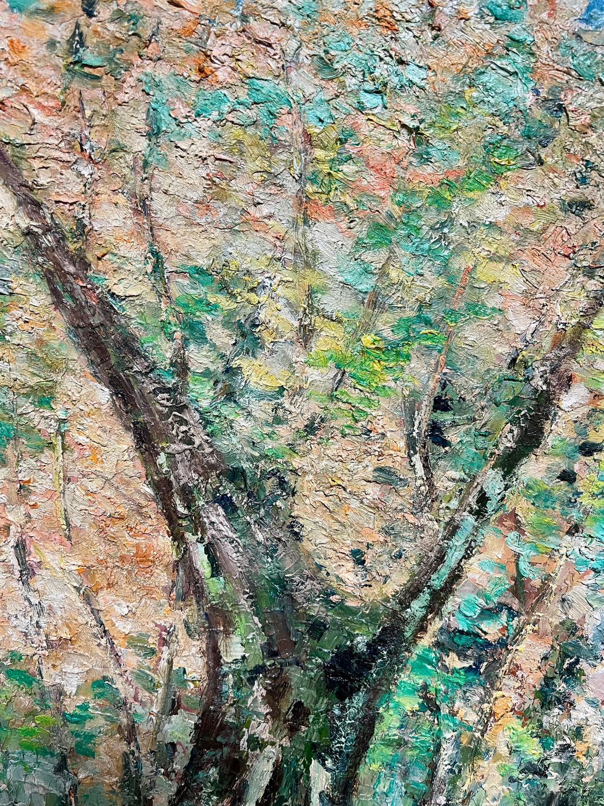 J.Bredechelarge 1970's French Post Impressionist Oil Painting Of Dappled Sunlit Forest1970's photo for sale