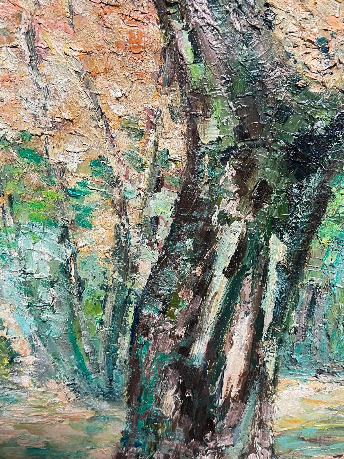 J.Bredechelarge 1970's French Post Impressionist Oil Painting Of Dappled Sunlit Forest1970's photo buy