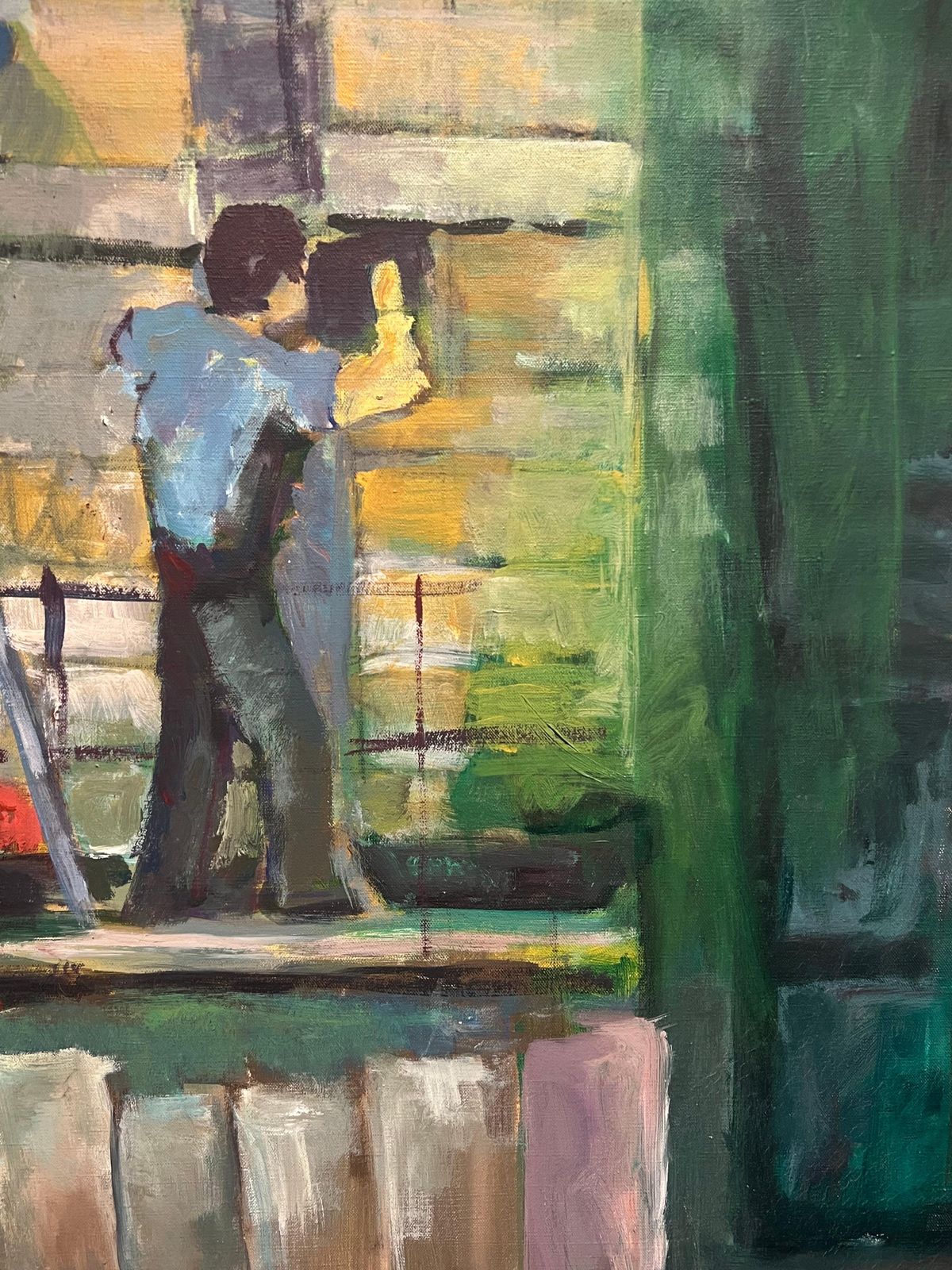 photo for sale French Schoolhuge 1970's French Oil Painting Figurative Oil Painting Workers On Scaffolding1970's